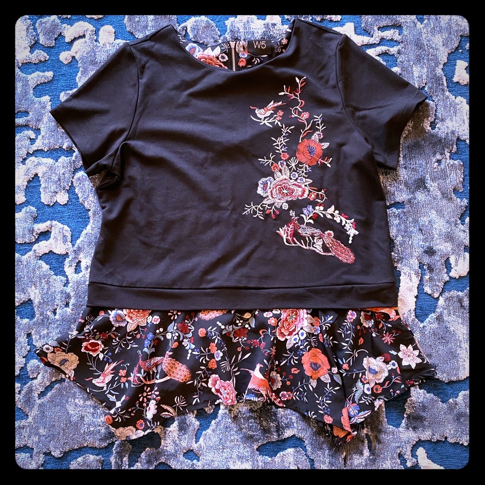 Black and floral top contrasting floaty hem detail